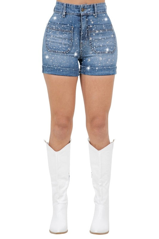 GJG Denim Willow Rhinestone Denim Short Medium Wash