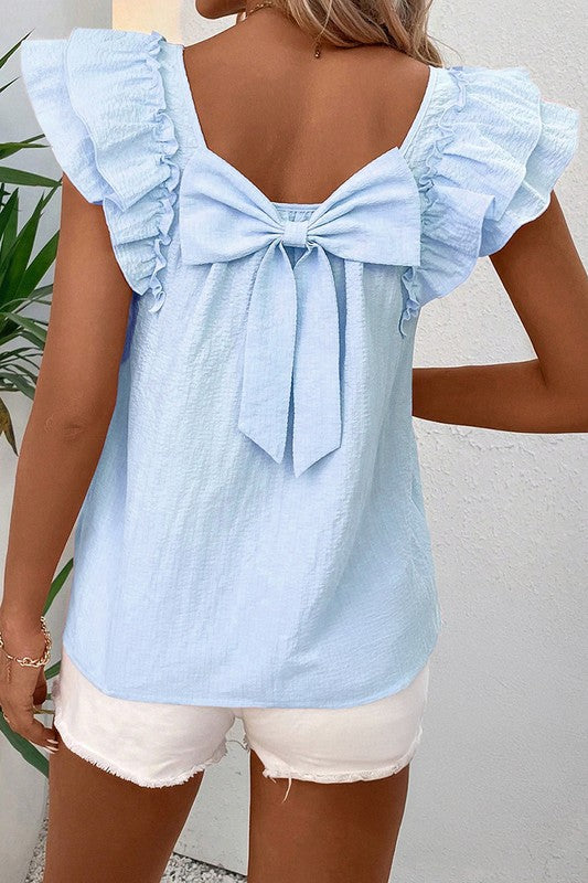 Textured Bow Knot Frilled Butterfly Sleeve Blouse