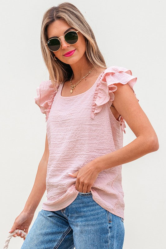 Textured Bow Knot Frilled Butterfly Sleeve Blouse