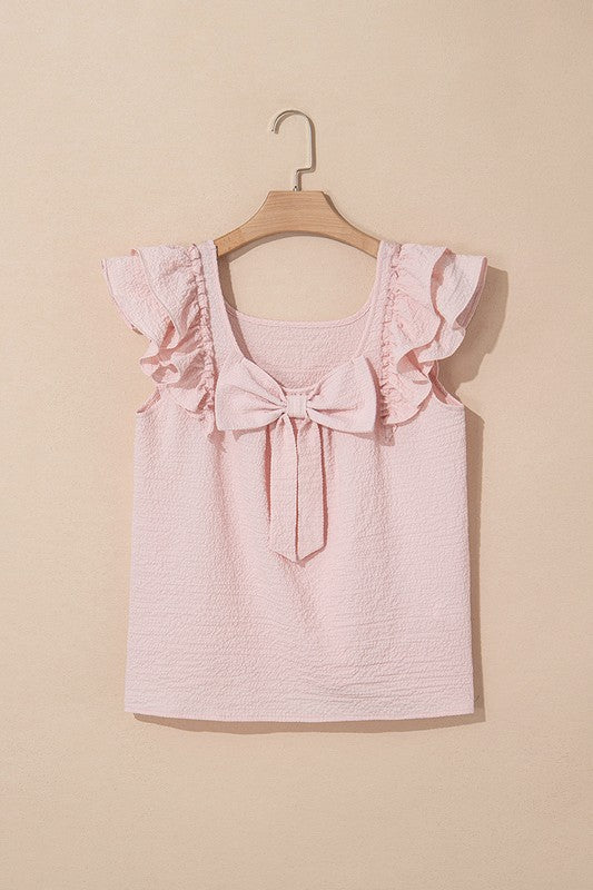 Textured Bow Knot Frilled Butterfly Sleeve Blouse