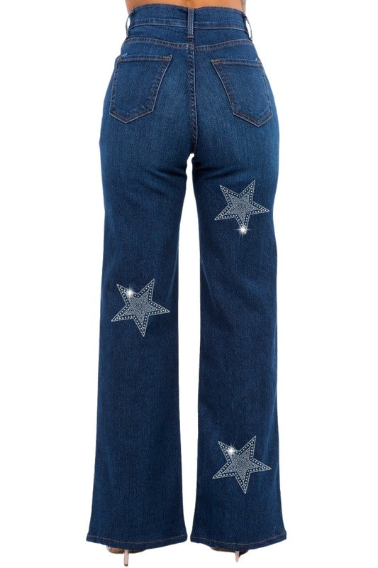 GJG Denim Made in USA Rhinestone Star Wide Leg Jeans