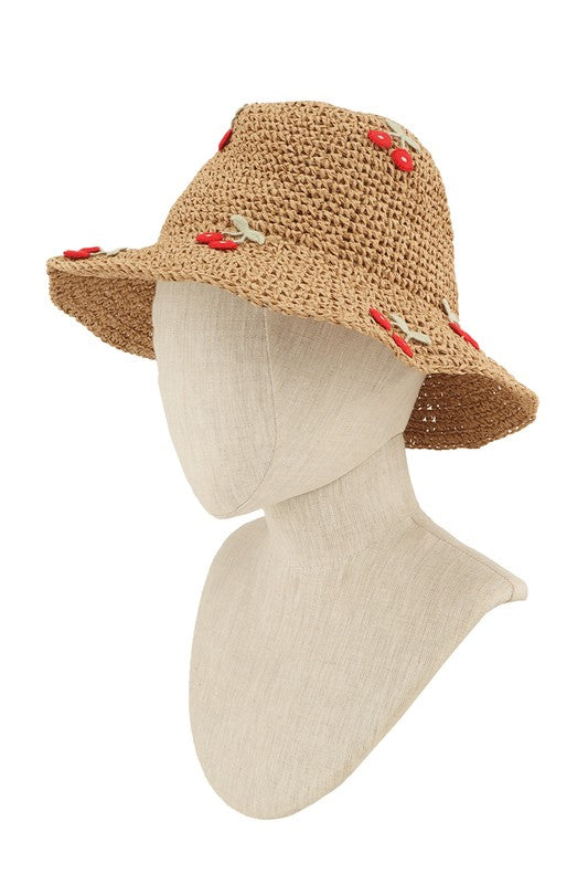 Cherry Patched Straw Bucket Hat