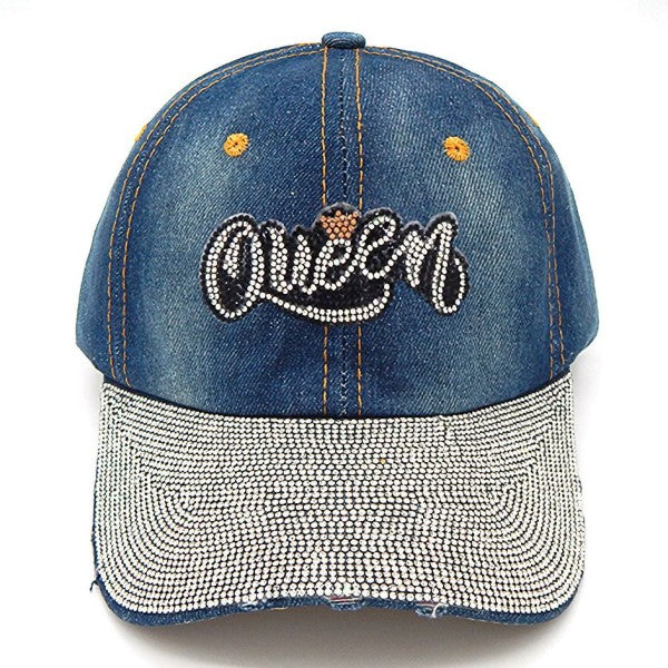 QUEEN Bling Rhinestone Patch Baseball Cap Denim