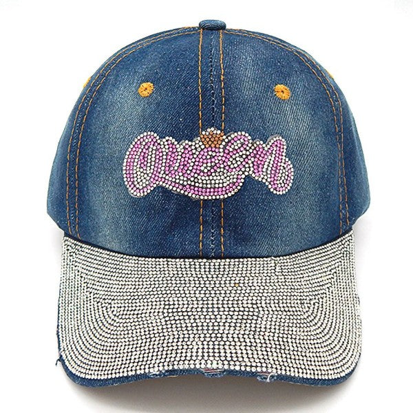 QUEEN Bling Rhinestone Patch Baseball Cap Denim