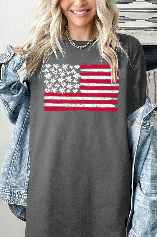 Floral American Flag Graphic Heavy Cotton Tee