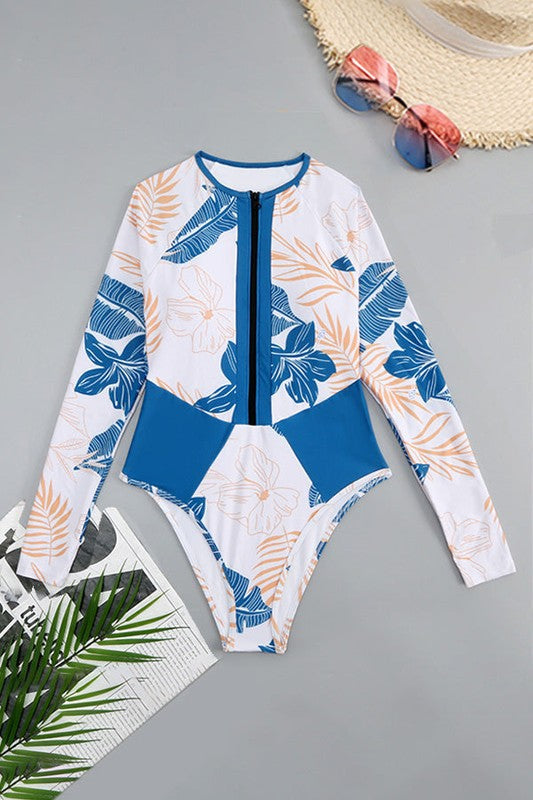 Blue Tropical Long Sleeve One-Piece Surfing Swimsuit