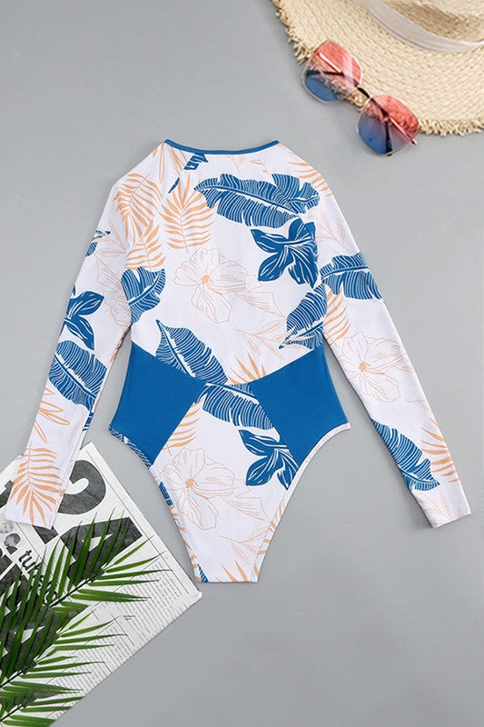 Blue Tropical Long Sleeve One-Piece Surfing Swimsuit