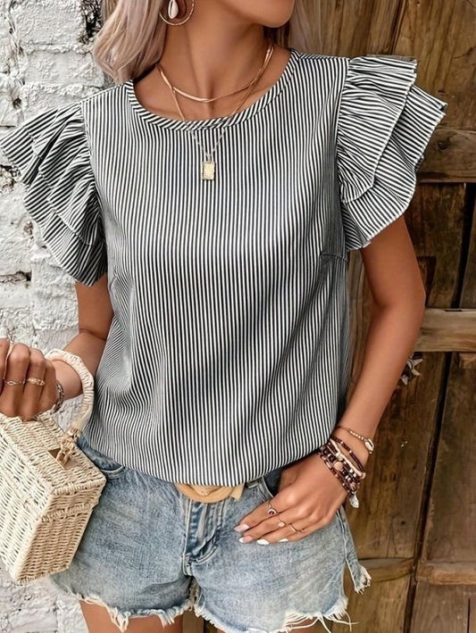 Miss Sparkling Striped Ruffle Sleeve Blouse