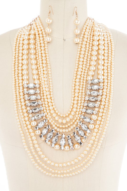 Crystal Pearl Layer Statement Necklace