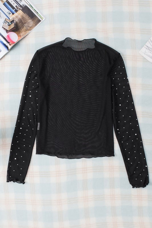 Black Rhinestone Sheer Mesh Slim Long Sleeve Top