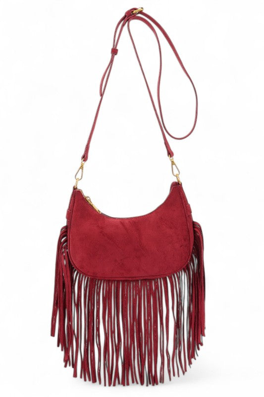 Faux Suede Fringe Boho Crossbody Bag