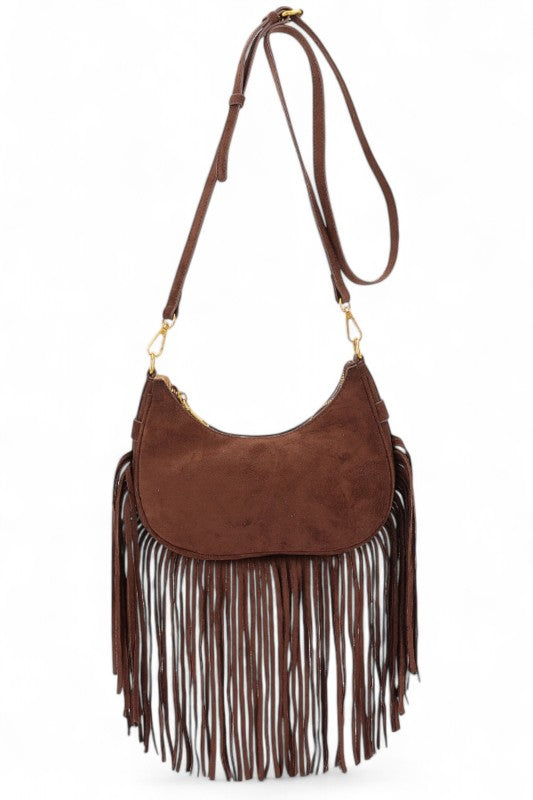 Faux Suede Fringe Boho Crossbody Bag