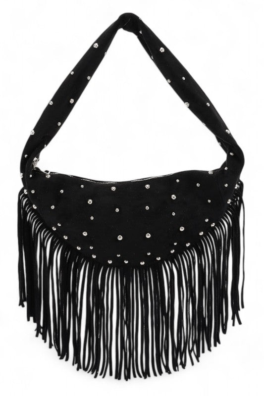 Faux Suede Fringe Boho Studded Hobo Bag