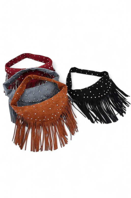 Faux Suede Fringe Boho Studded Hobo Bag