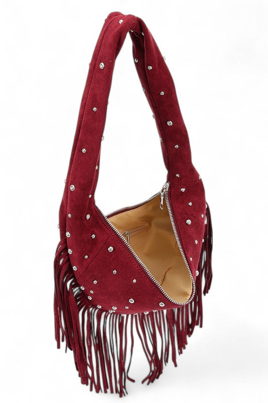 Faux Suede Fringe Boho Studded Hobo Bag