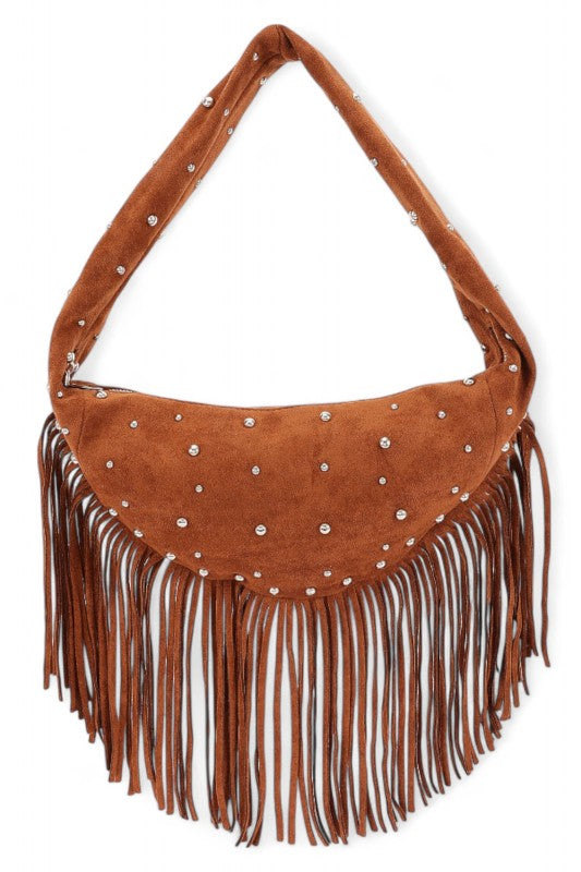 Faux Suede Fringe Boho Studded Hobo Bag