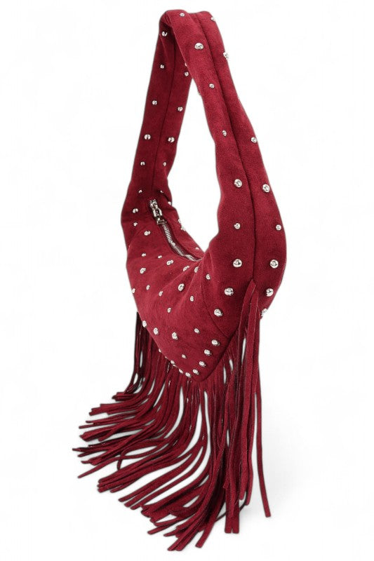 Faux Suede Fringe Boho Studded Hobo Bag