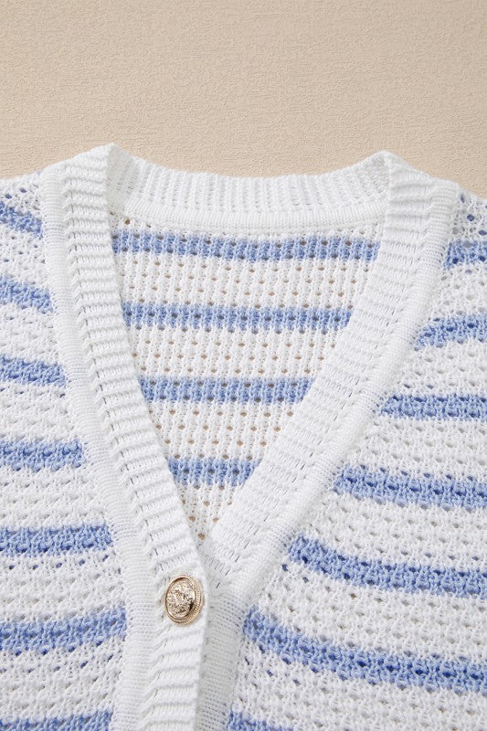 Cotton Blue Striped V Neck Button Knit Vest