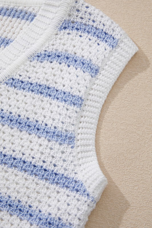 Cotton Blue Striped V Neck Button Knit Vest