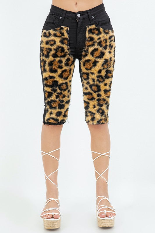 GJG Denim Wild Side Leopard Faux Fur Shorts