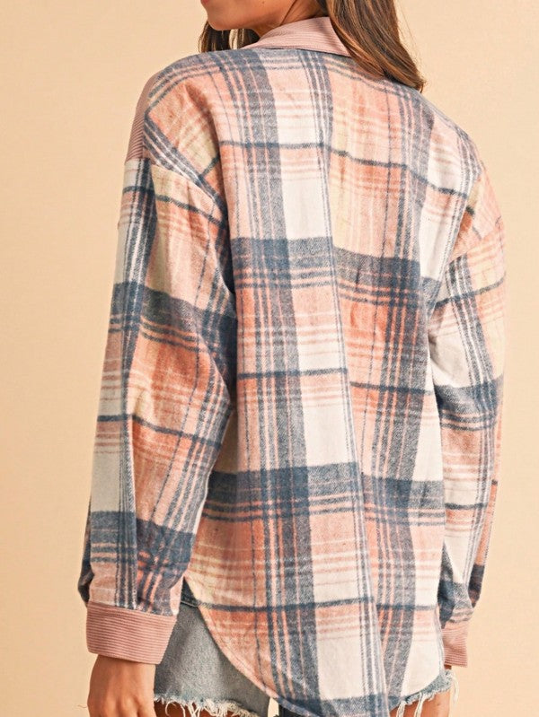 Plaid Corduroy Patch Pocket Loose Shacket Shirt