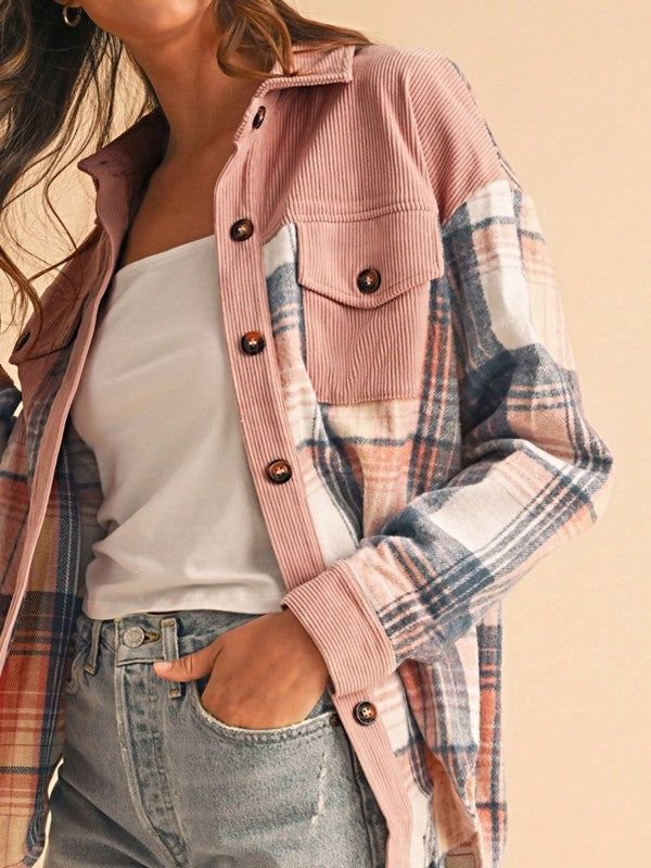 Plaid Corduroy Patch Pocket Loose Shacket Shirt