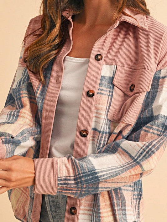 Plaid Corduroy Patch Pocket Loose Shacket Shirt