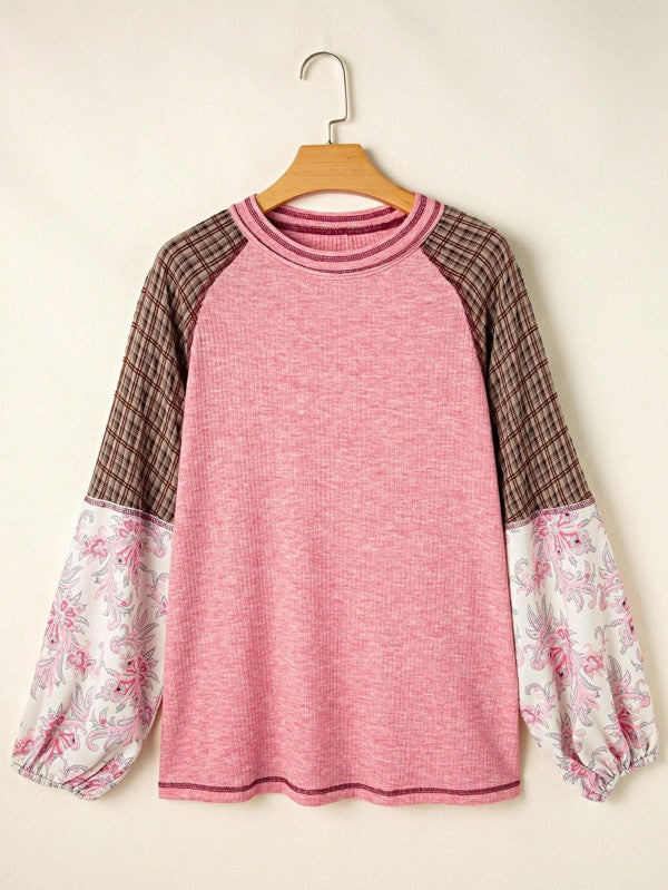 Viscose Plaid Floral Patchwork Raglan Ribbed Top