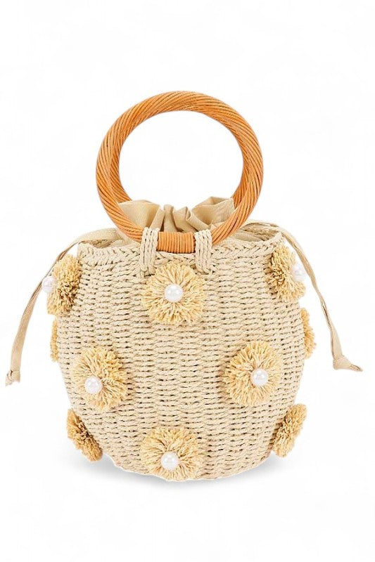 Pearl Raffia Flower Straw Top Handle Bucket Clutch