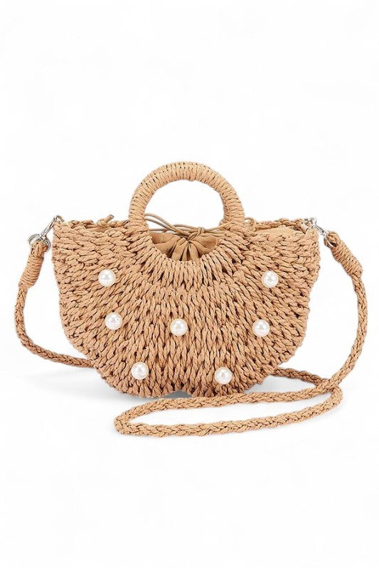 Pearl Raffia Flower Straw Top Handle Bucket Clutch
