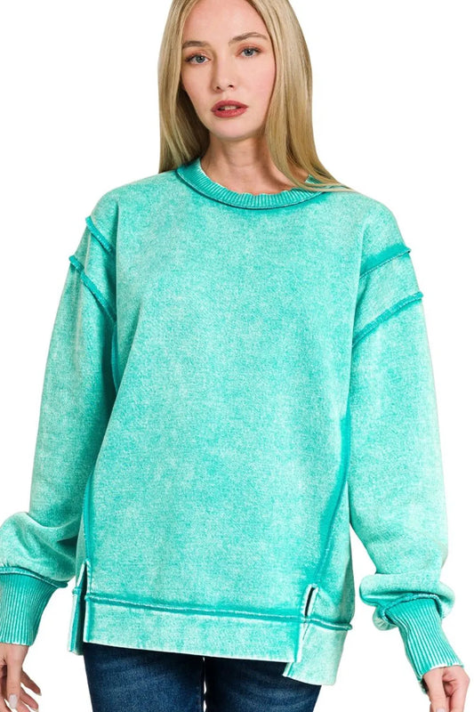 Zenana Acid Wash Exposed-seam Fleece Sweatshirt in Turquoise