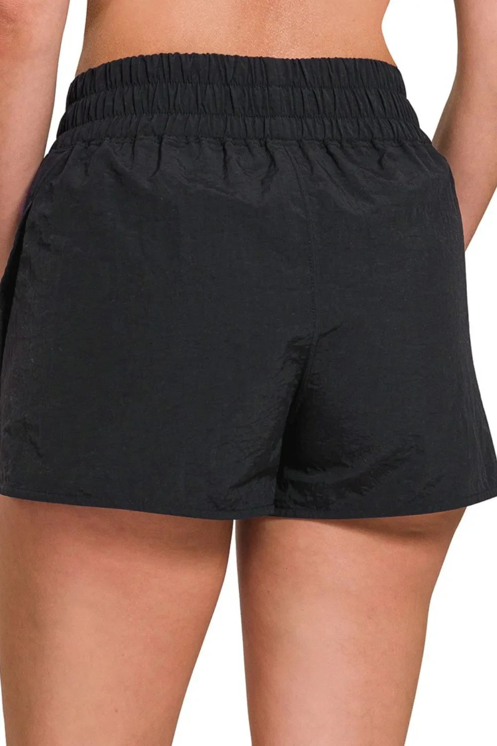 Zenana Windbreaker Smocked Waistband Running Shorts in Black