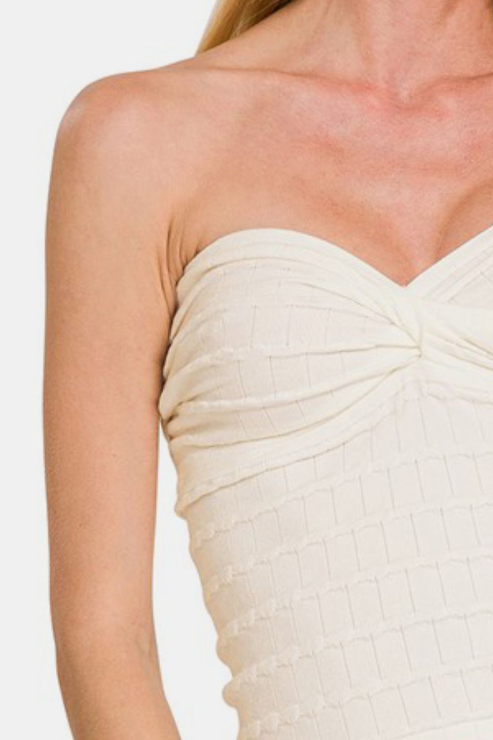 Zenana Ruched Twisted Sweetheart Neck Top in Ivory