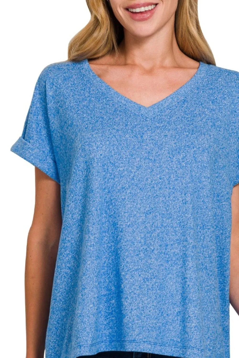 Zenana Soft Melange Hacci V-neck Tee in Blue