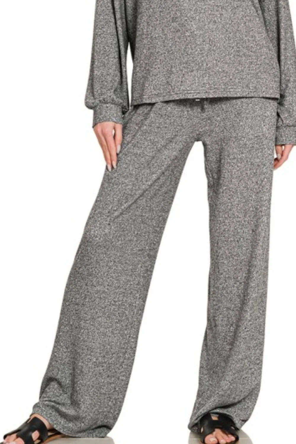Zenana Soft Melange Hacci Long Slv Tee & Pants Set in Gray