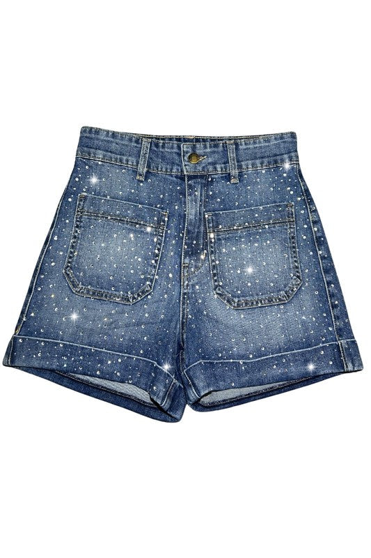 Willow Rhinestone Denim Short Medium Wash