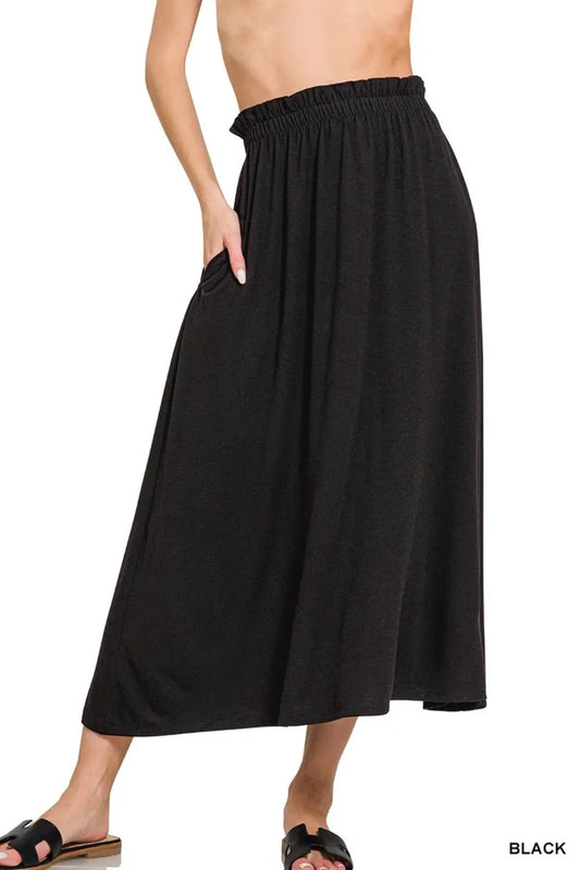 Zenana Paperbag Waist Midi Skirt With Pockets in Black