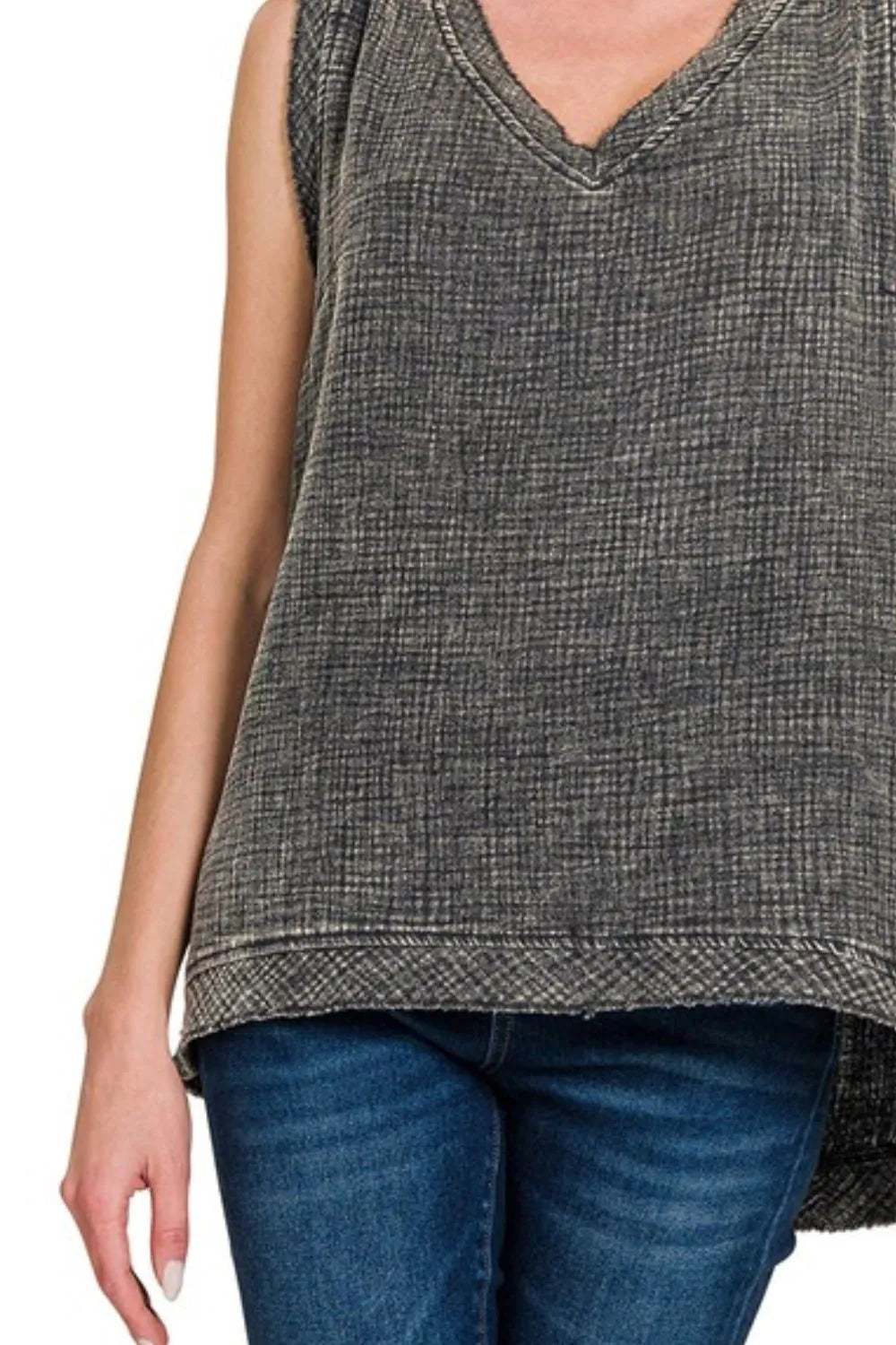 Zenana Double Gauze Raw Edge Acid Washed Tank in Black