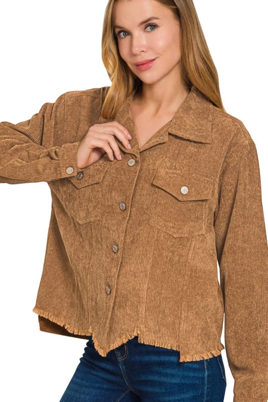 Zenana Distressed Corduroy Frayed Hem Cropped Jacket in Camel