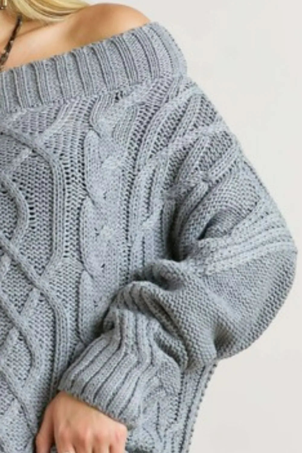 ADORA Cable Knit Off Shoulder Sweater in Grey
