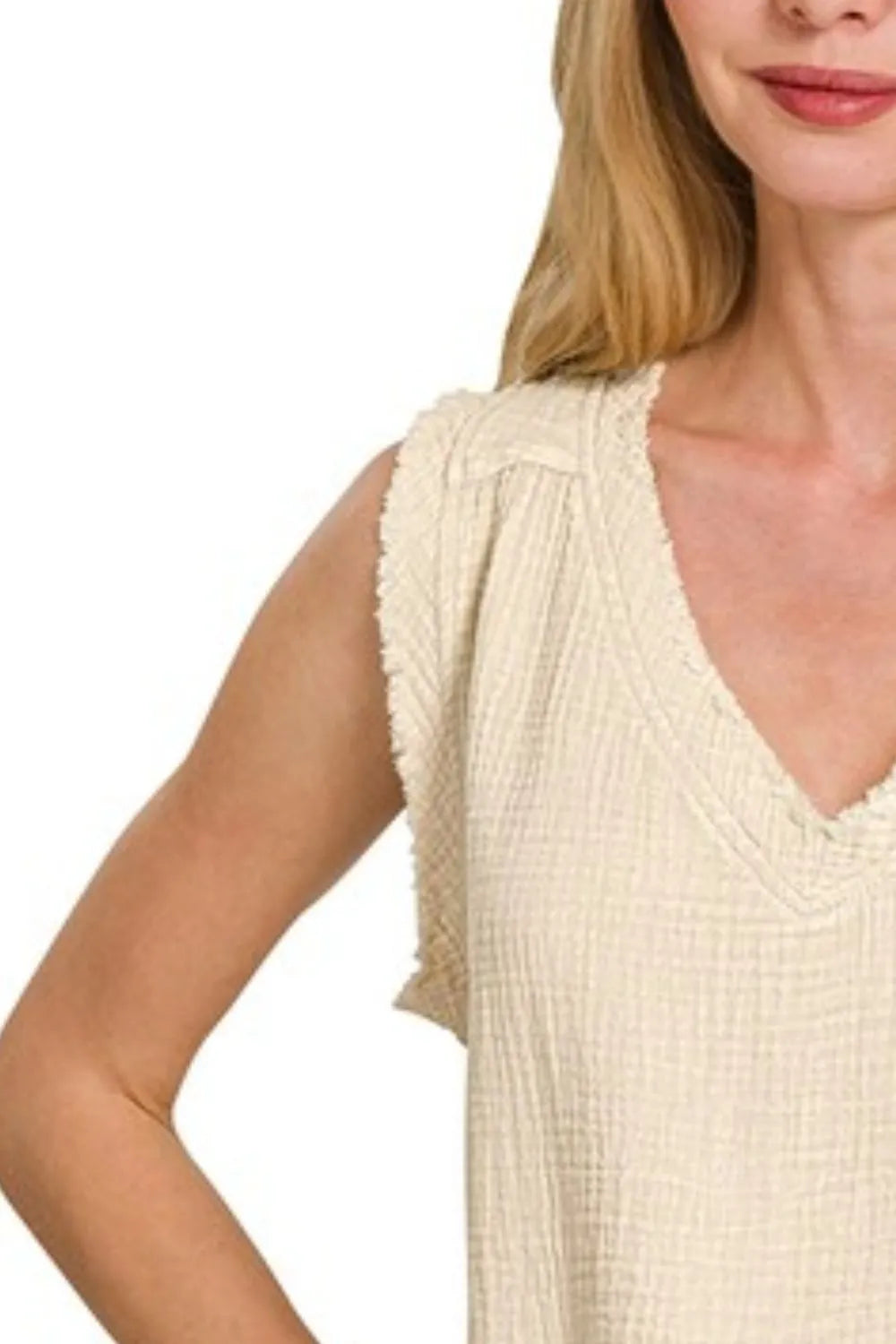 Zenana Double Gauze Raw Edge Acid Washed Tank in Beige