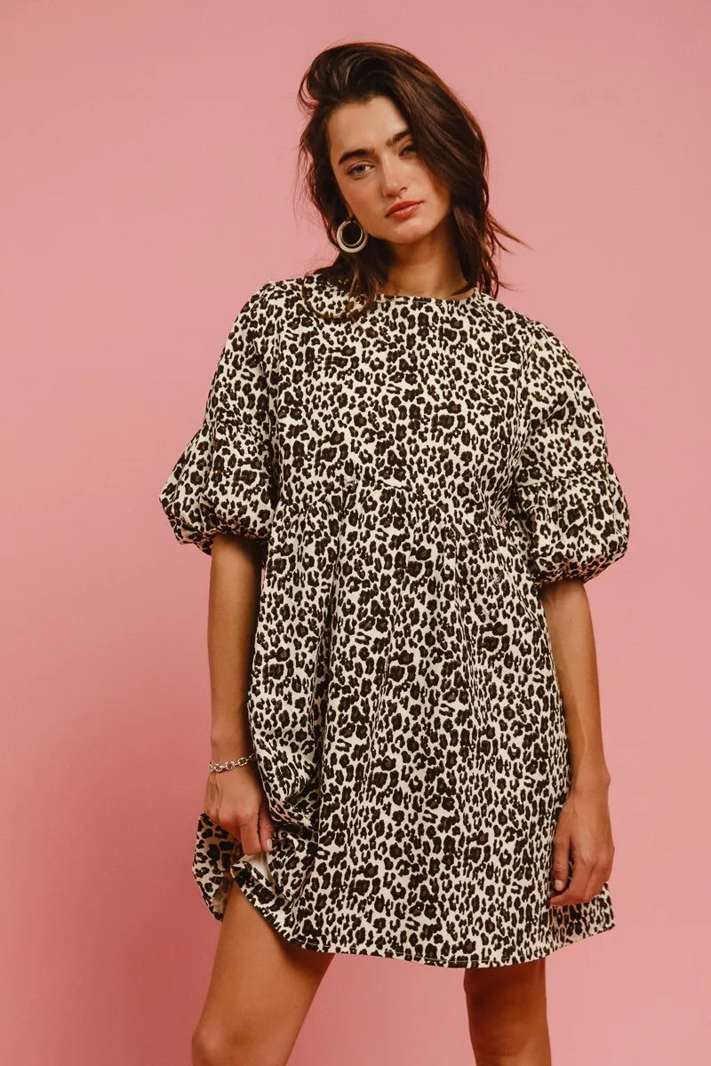 BiBi Leopard Denim Dress With Back Contrast Tie Detail