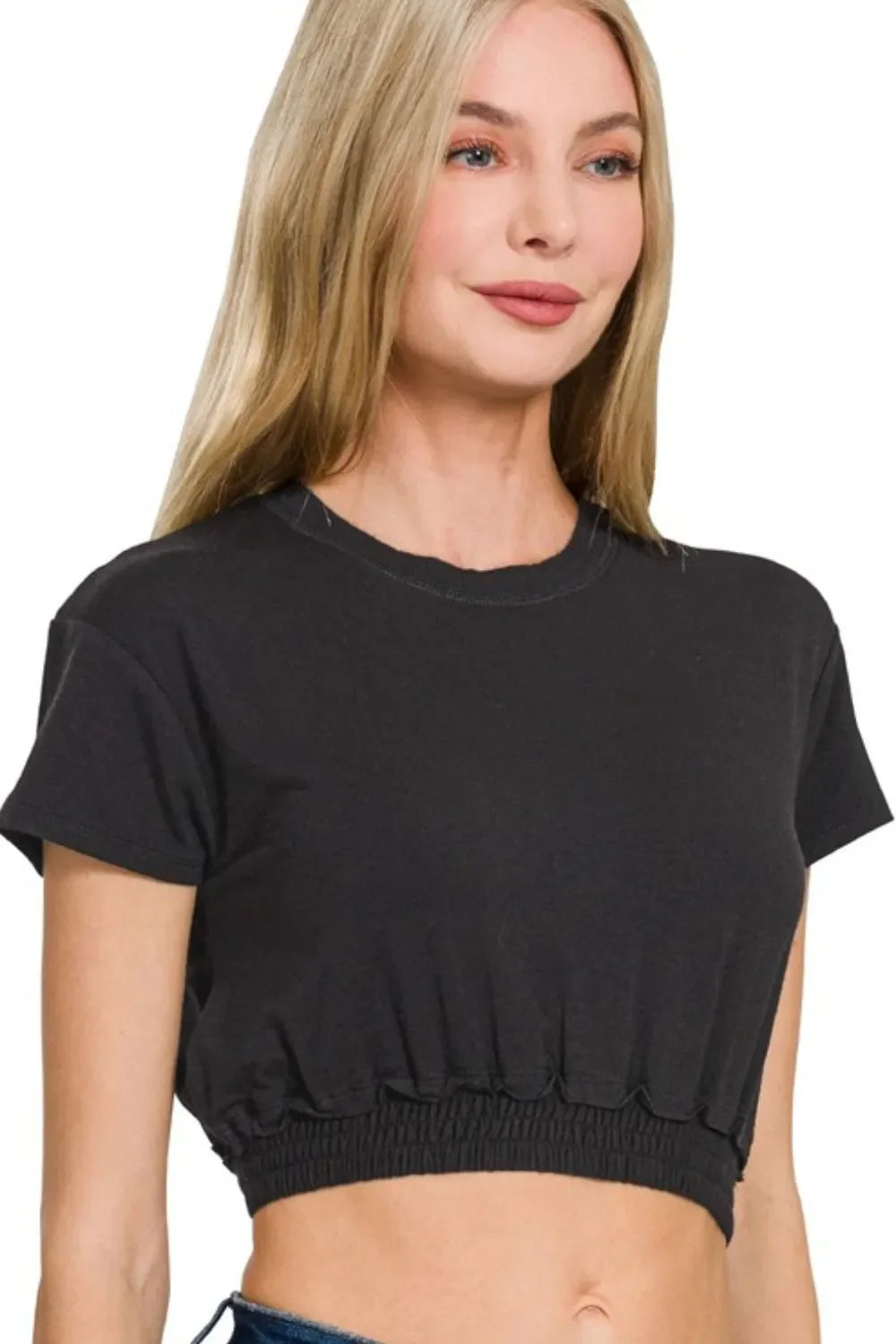 Zenana Elastic Hem Crop Top in Black