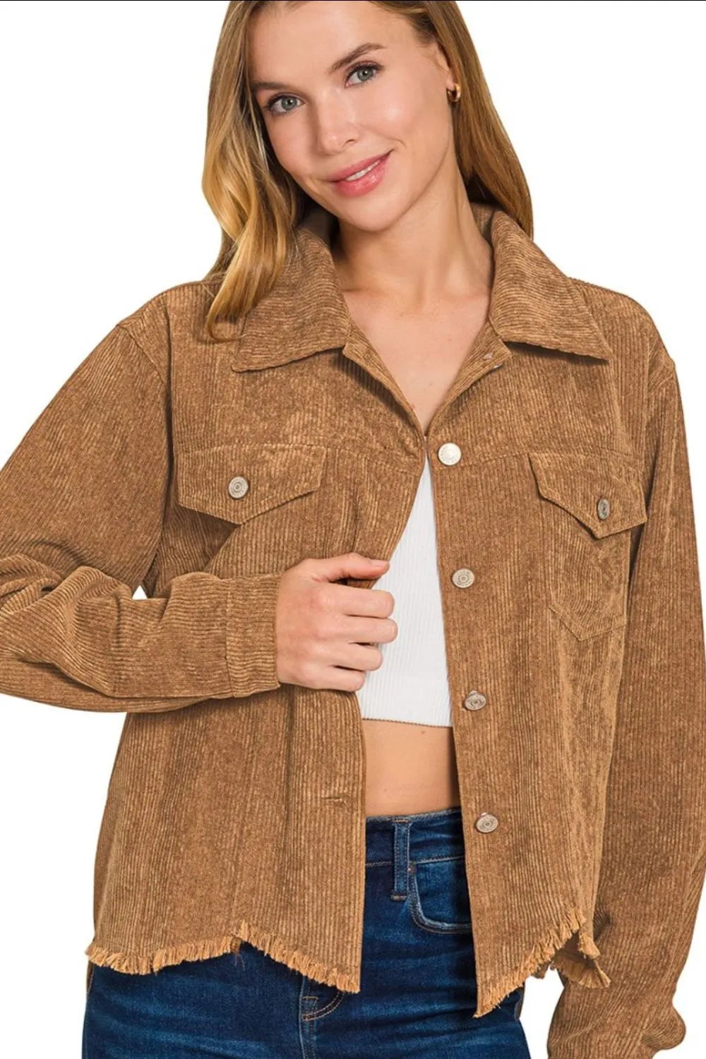 Zenana Distressed Corduroy Frayed Hem Cropped Jacket in Camel