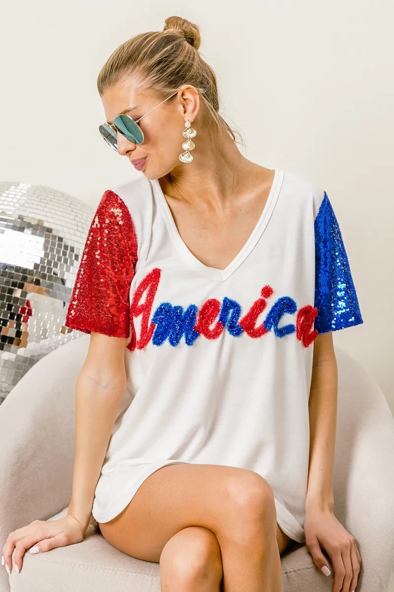 BiBi Metallic Letter V-neck Sequin Sleeves Top in Cream