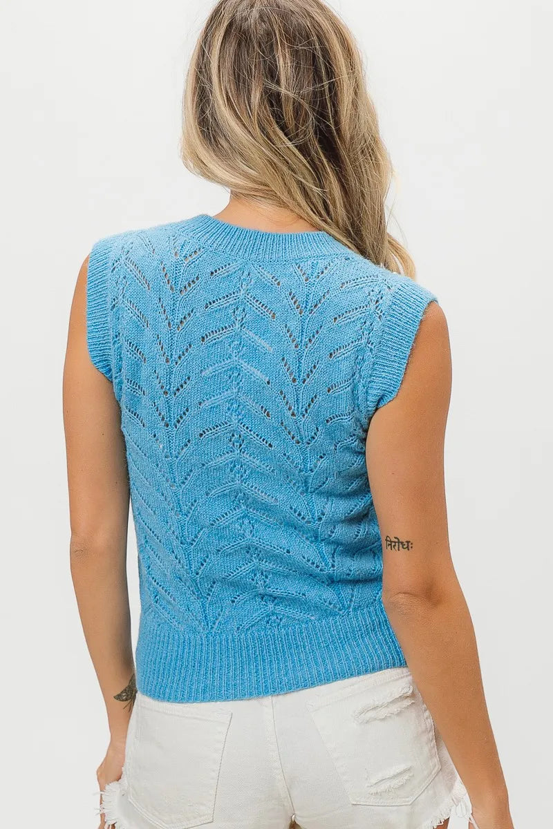 BiBi Chevron Pointelle Pearl Knit Top in Denim