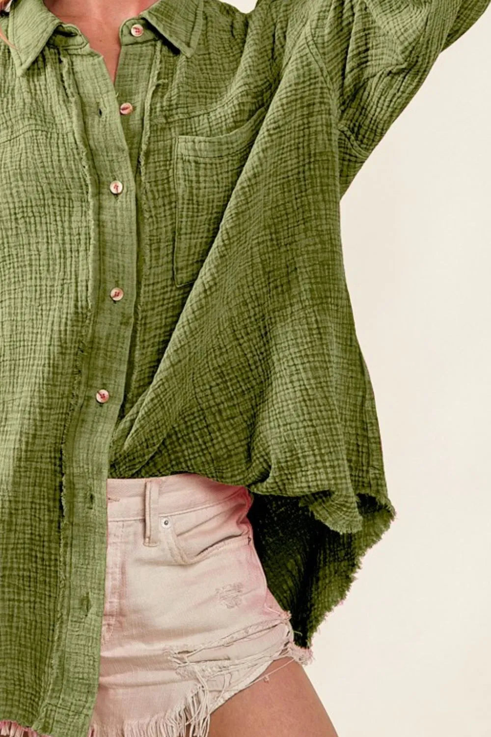 BiBi Raw Edge Detailed Mineral Washed Loose Fit Shirt in Olive