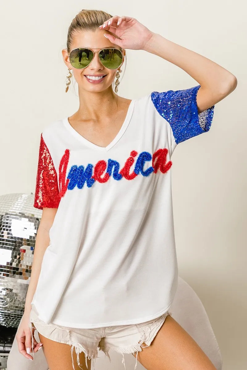 BiBi Metallic Letter V-neck Sequin Sleeves Top in Cream