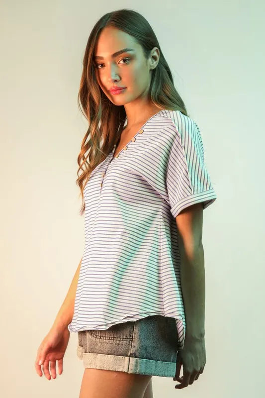 VERY J Striped V-Neck Short Sleeve T-Shirt in Lavender