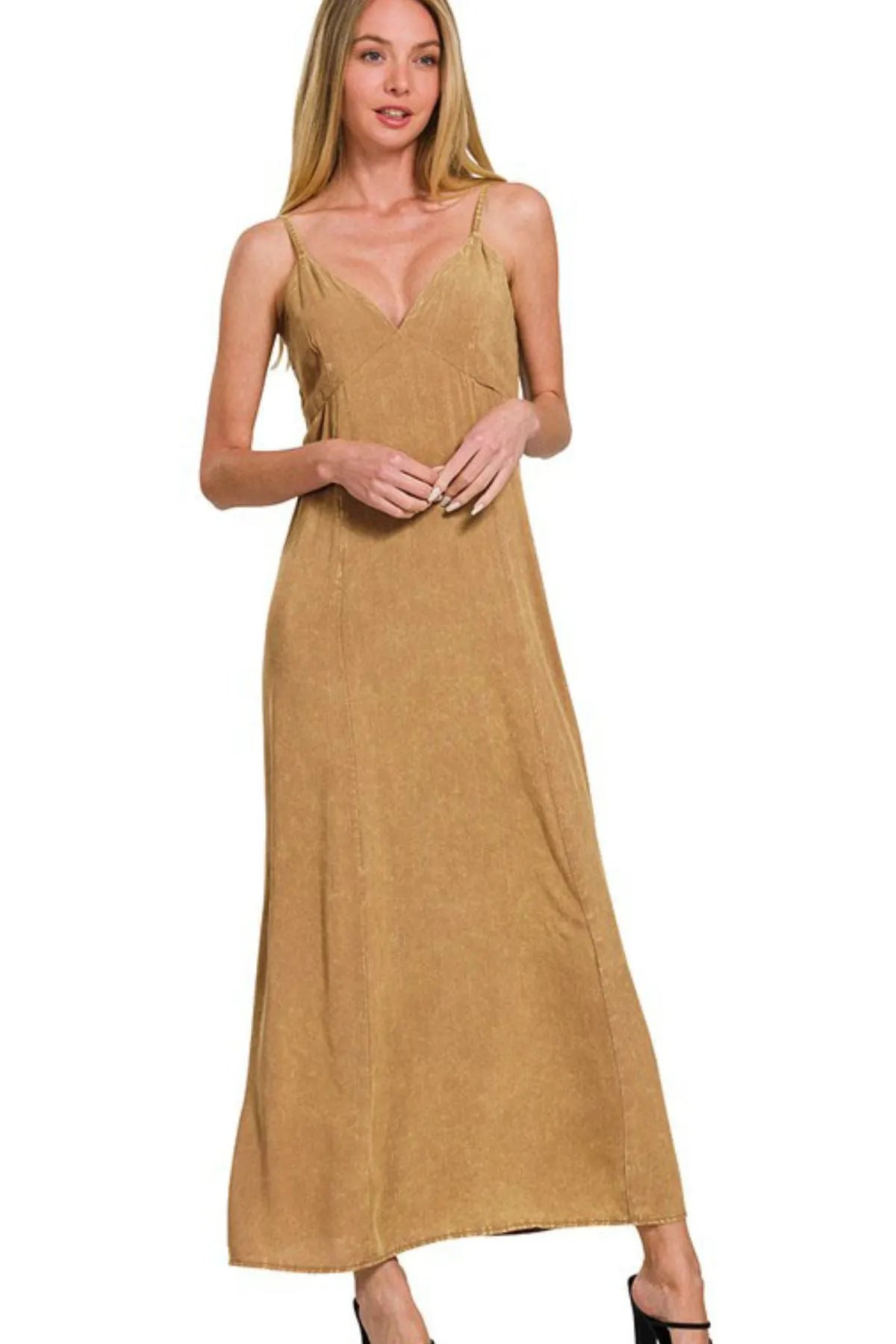 Zenana Mineral Washed Rayon Challis Cami Dress in Camel